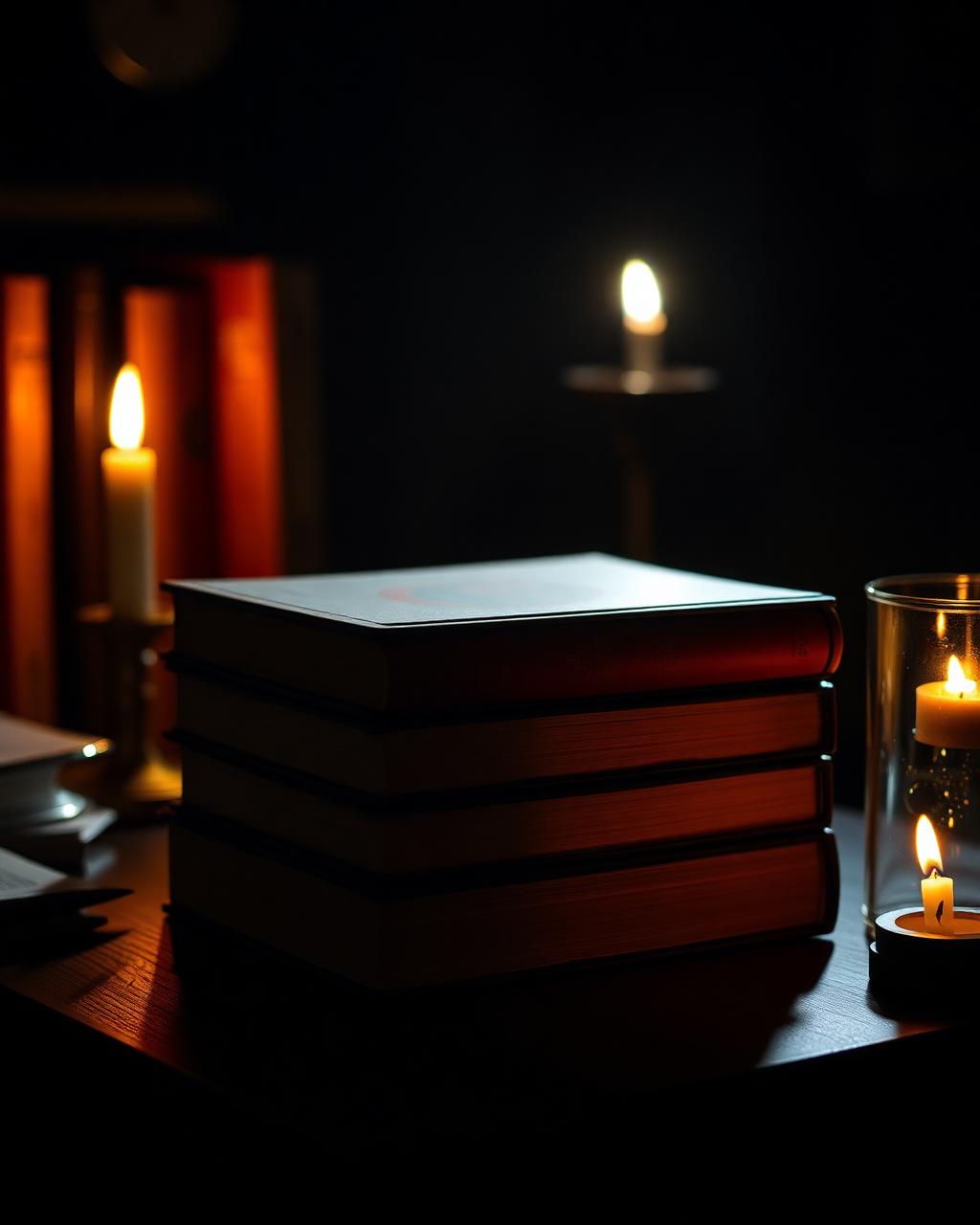 A stack of well-read books lit by candlelight